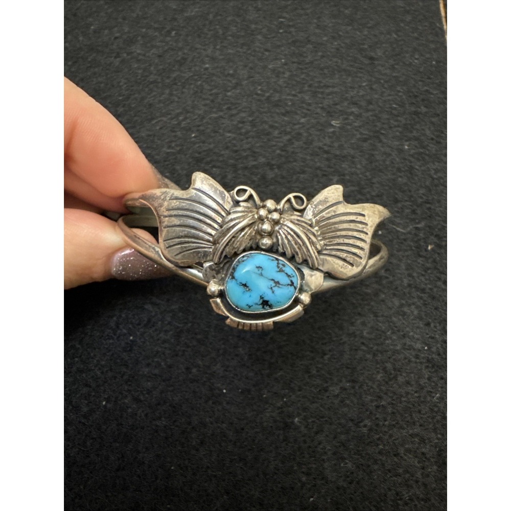 Vintage Navajo Ray Fierro Sterling Turqoise Cuff Butterfly Bracelet Vintage EUC